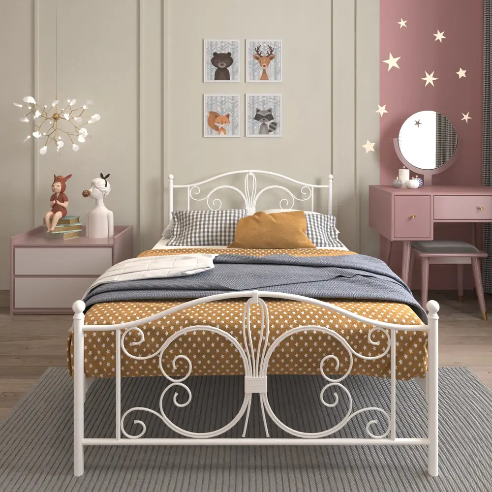 01_hiwi2kvtdd9flwh1 Forgena Single Bed, Metal Fram, Musky Wood, 120 Cm - White - Image 1